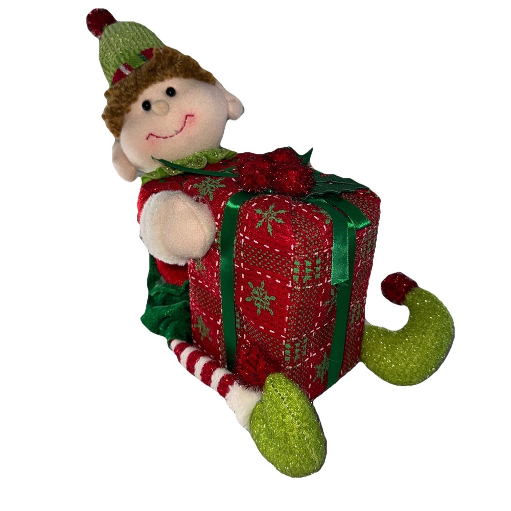 Christmas Tree Shops Elf Plush Decor Unisex OS Red Green Holding Gift Box Sequin